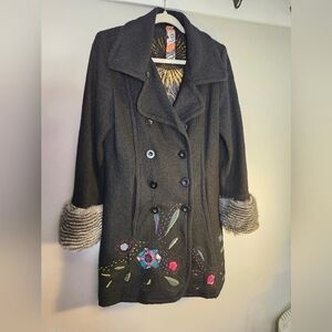 Desigual wool double breasted midi coat faux fur sz 42 M